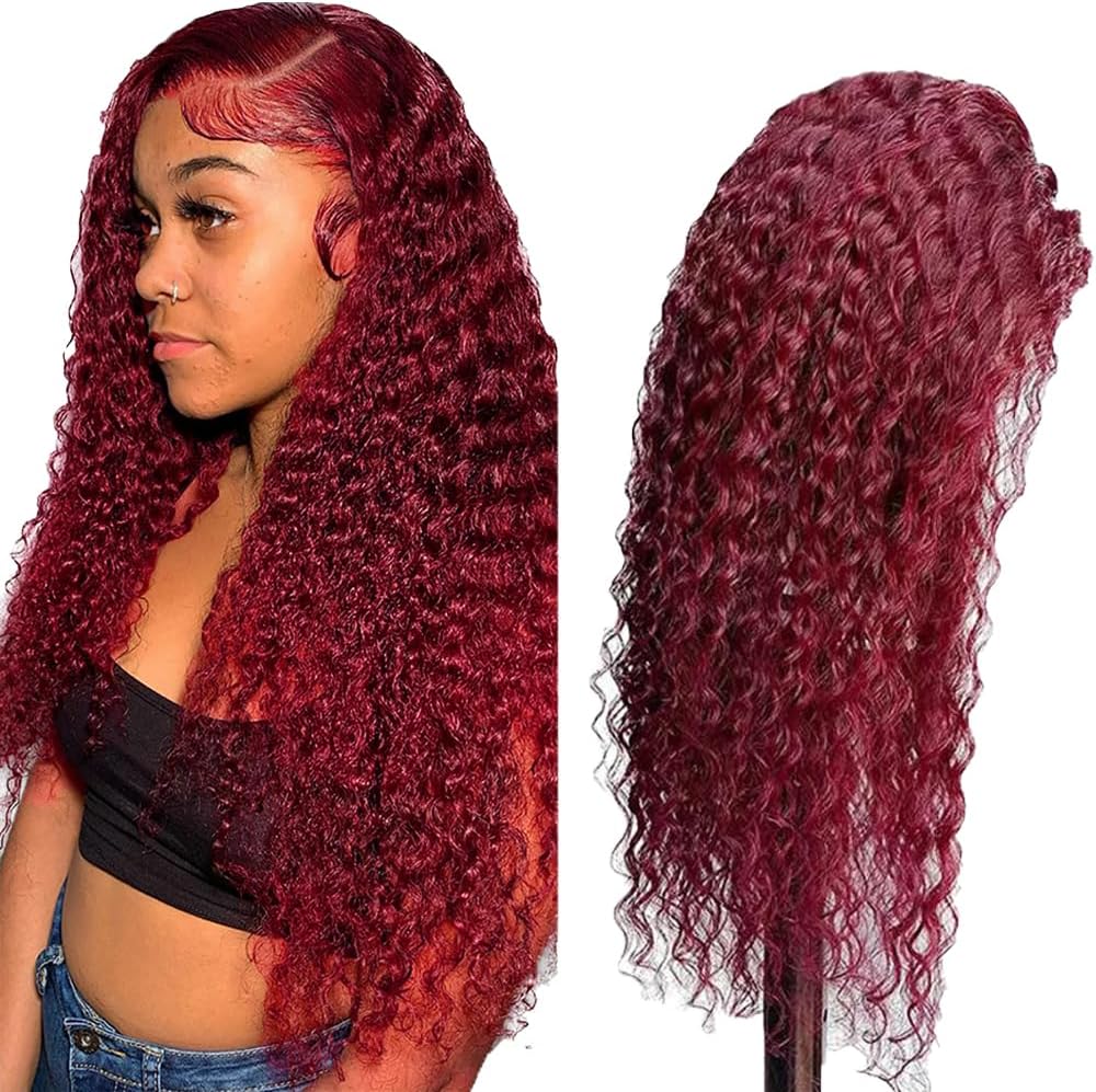 Hxxcoup Perruque Femme Cheveux Humain 13x1 Lace Human Hair Wig #99J Burgundy Water Wave Pre Plucked Hairline with Baby Hair Unprocessed Hair Transparent Lace for Women Minimal Smell 22 Inch
